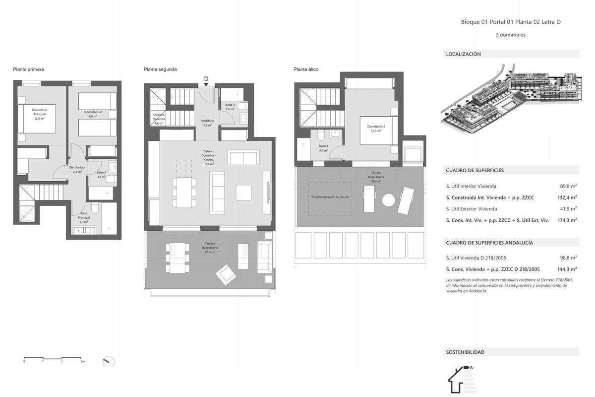 Plattegrond van een 3-slaapkamer penthouse in Estepona, Costa del Sol, met indeling en ruimteverdeling.
