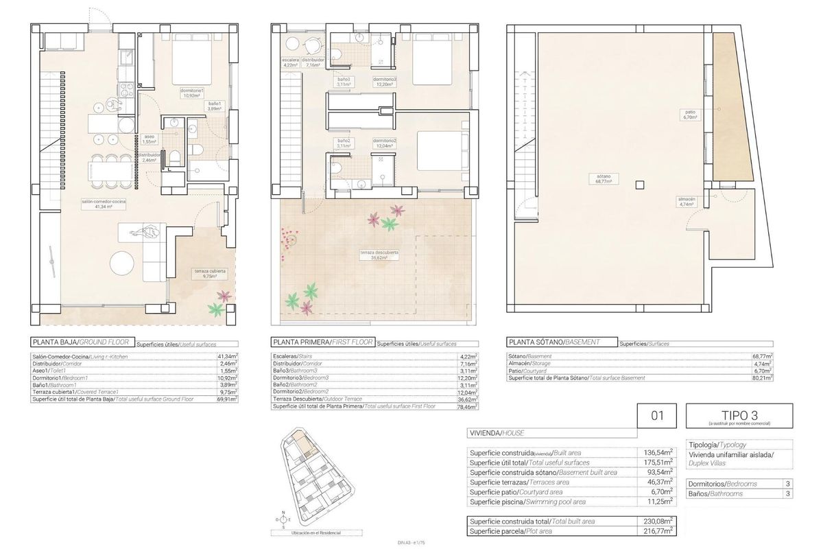 Plattegrond van een villa met 3 slaapkamers in Hondón de las Nieves, Costa Blanca, met gedetailleerde afmetingen.