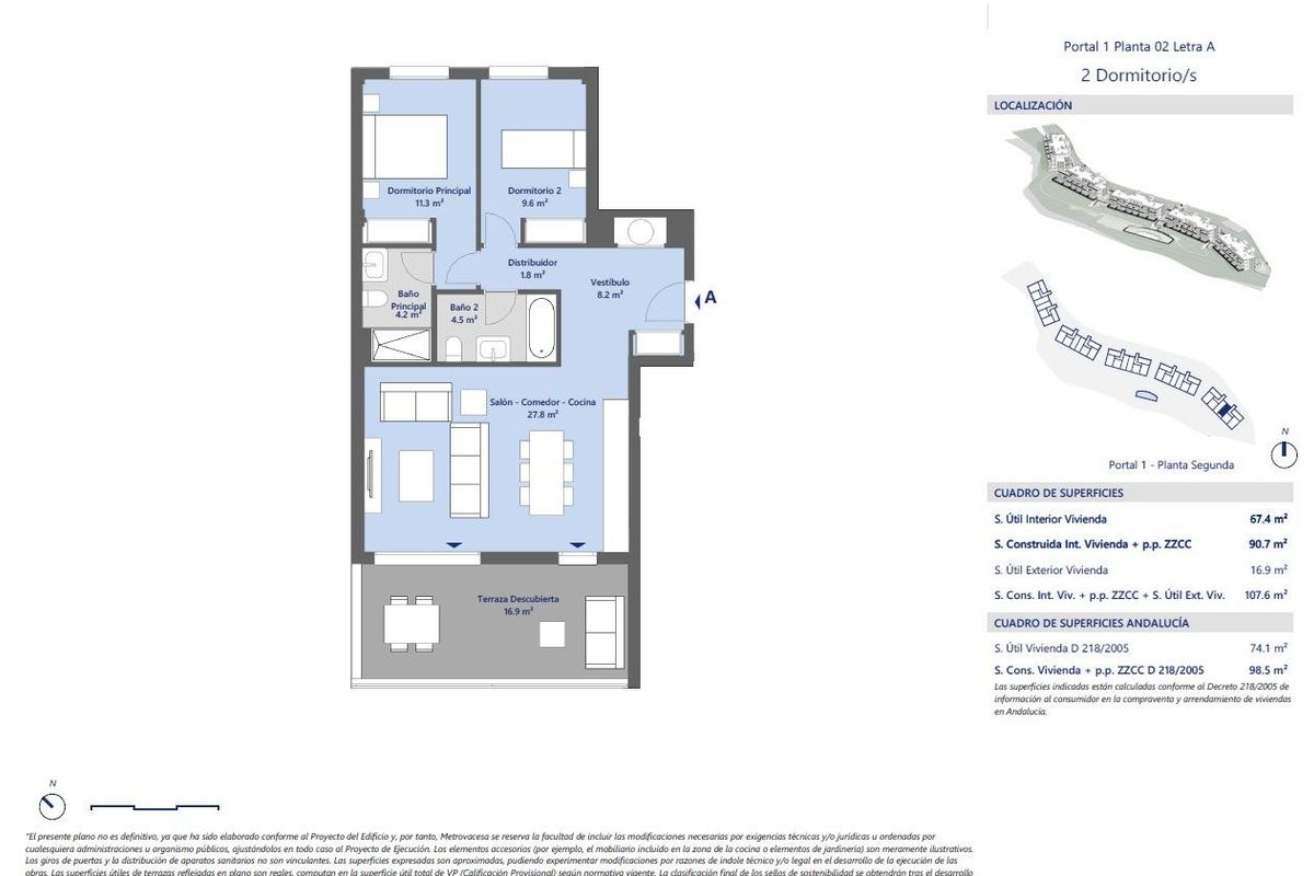 Plattegrond van een penthouse met 2 slaapkamers in Estepona, met lay-out en ruim ontwerp.