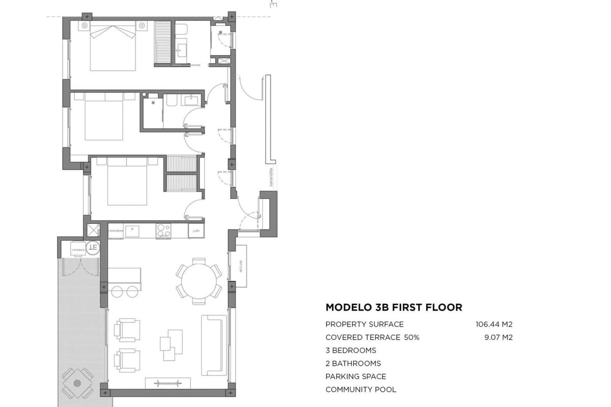 Plattegrond van een 3-slaapkamer appartement inclusief woonruimte en terras in Los Alcazares.