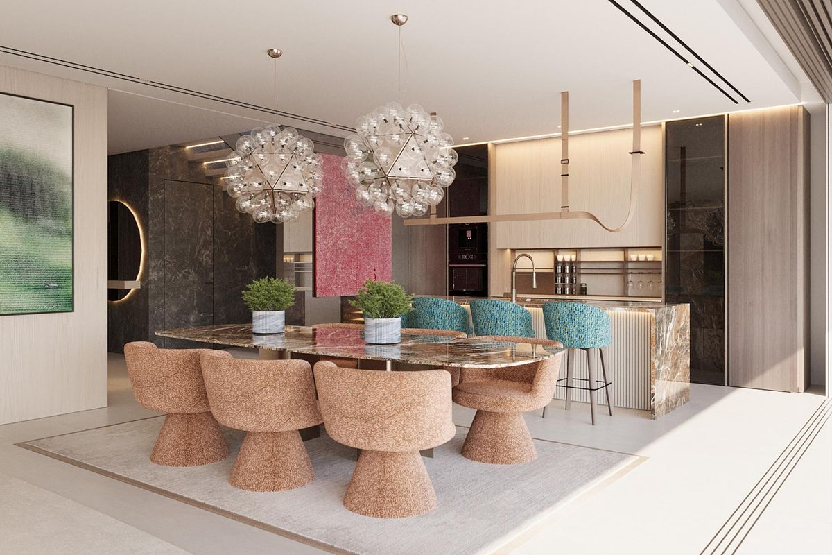 Stijlvolle eethoek in een moderne keuken, ontworpen voor vermaak, gelegen in Ojen, Costa del Sol.