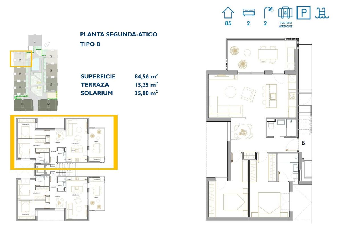 Plattegrond van een ruime penthouse met 2 slaapkamers, toont indeling en afmetingen in San Pedro del Pinatar.