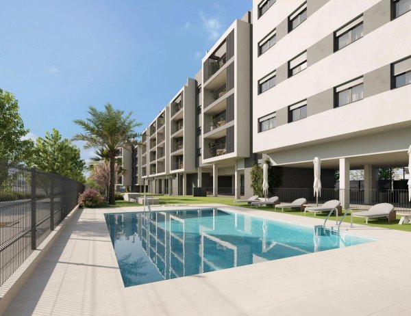Exterior view of a modern 3-bedroom apartment with a pool in Alicante, Costa Blanca South, Spain.