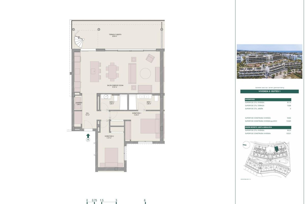 Plattegrond van het 2-slaapkamer penthouse in Estepona, met indeling en ruimtes.