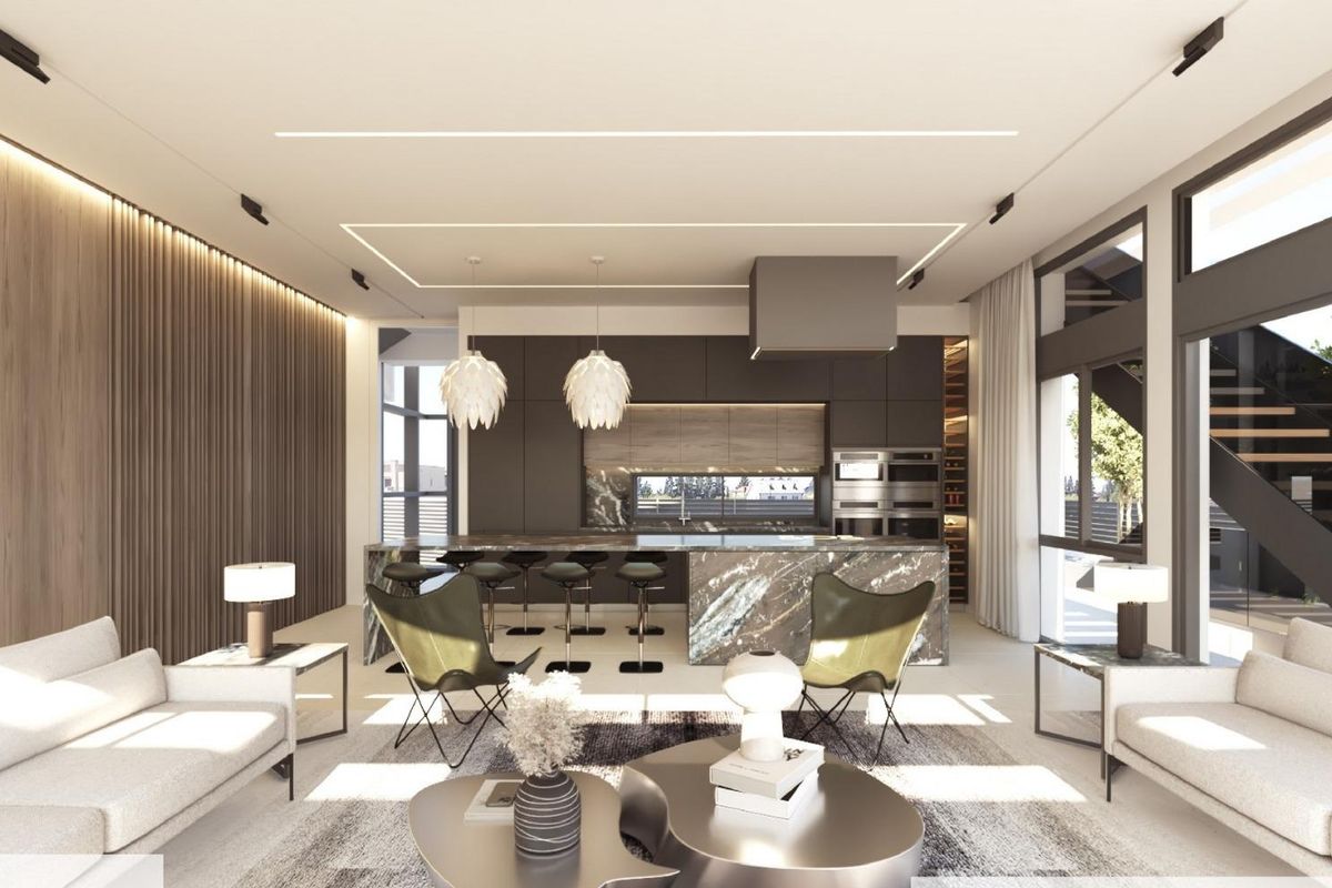 Ruime en elegante woonkamer in de villa in Los Alcazares, met moderne meubels en keuken.