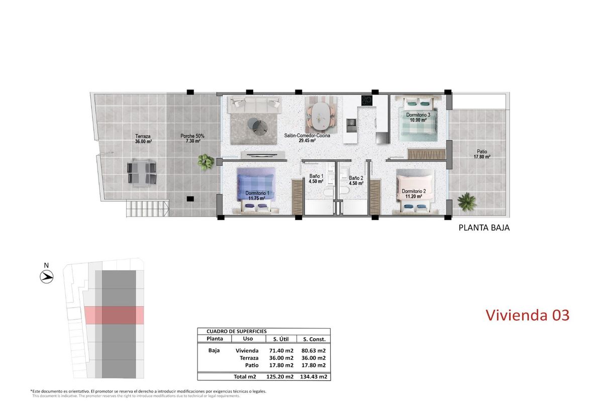 Plattegrond van een 3-slaapkamer appartement op de begane grond in Pilar de La Horadada, met indeling en kamers.