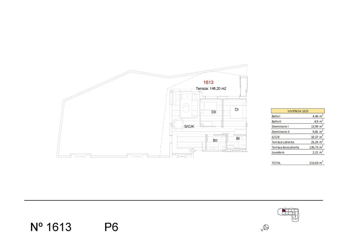 Plattegrond van een 2-slaapkamer penthouse in San Miguel de Salinas, met benadrukte afmetingen en indeling.