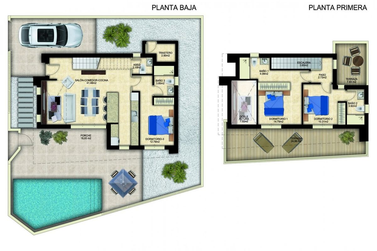 Plattegrond van de 3-slaapkamer villa in Benijofar, Costa Blanca, met de indeling van de woonruimtes.