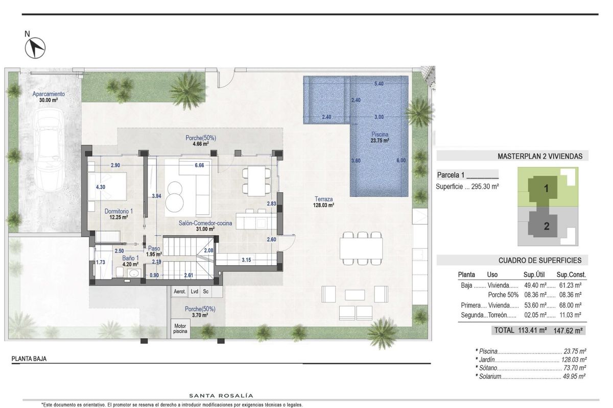 Plattegrond van de begane grond van een rijtjeshuis met kamers en indeling in Torre Pacheco, Spanje.