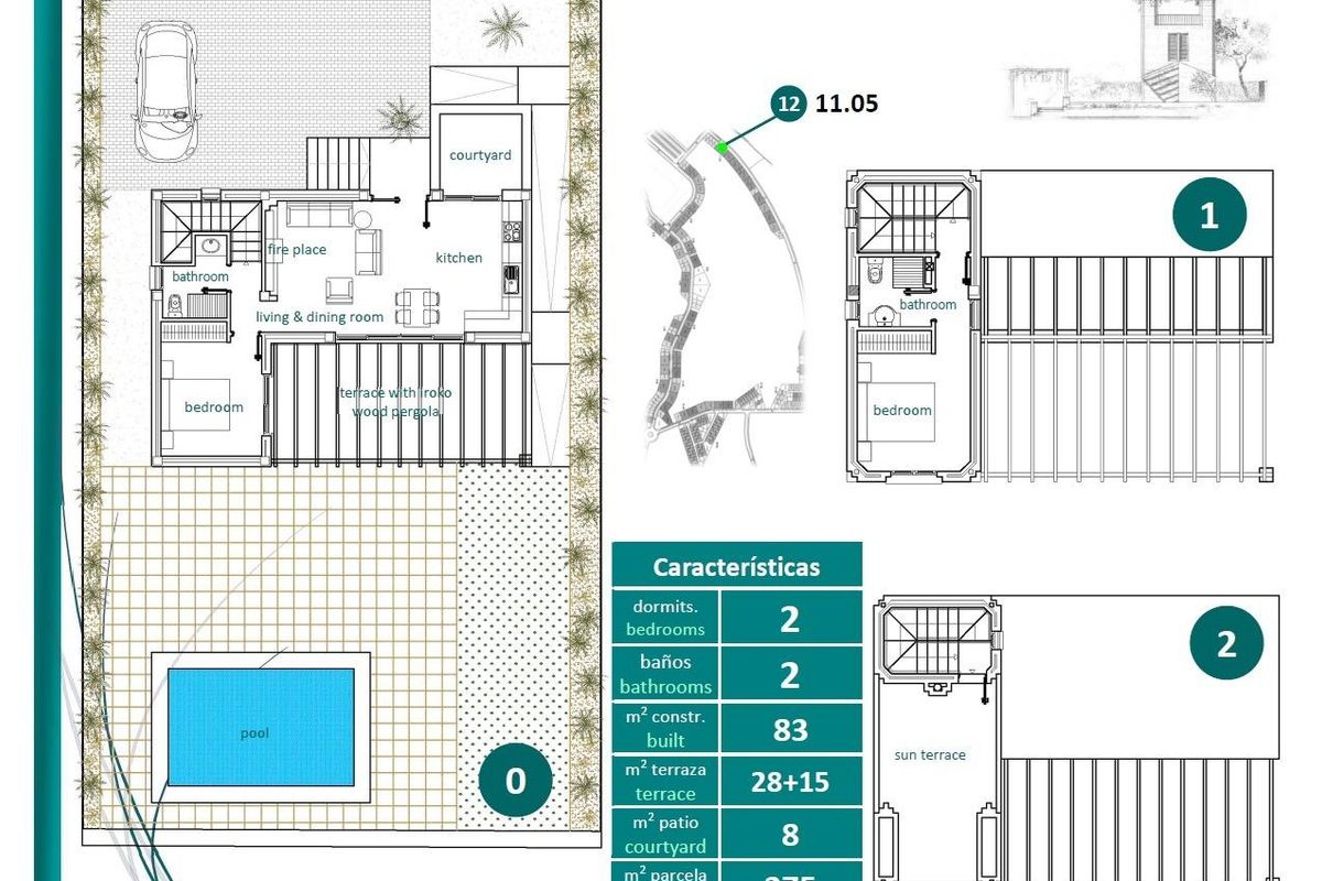 Plattegrond van een 2-slaapkamer villa in Sucina, met indeling inclusief zwembad en terrassen.