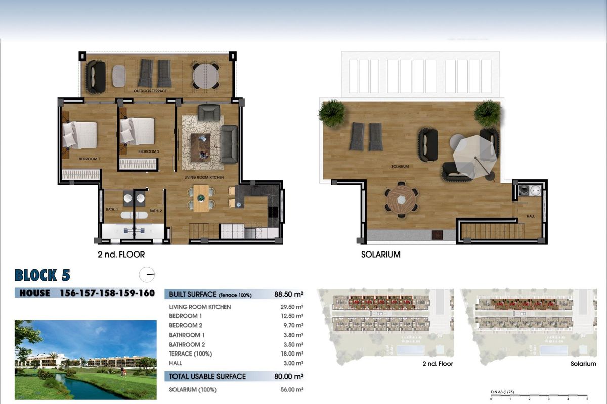 Plattegrond van een 2-slaapkamer penthouse in Los Alcazares, met de indeling van de woonruimte, keuken en solarium.