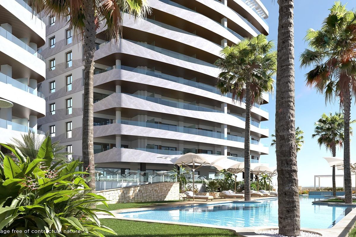 Pool area at a 1-bed apartment complex in La Manga del Mar Menor, surrounded by palm trees and loungers.