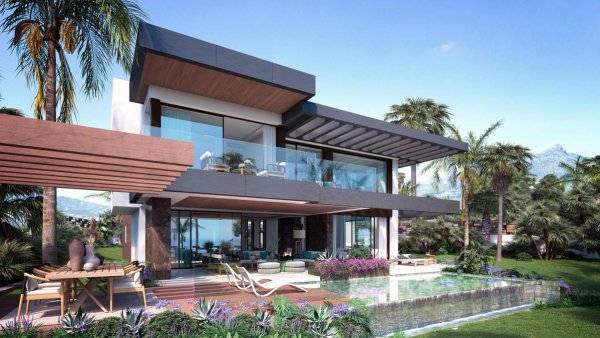 Moderne 5-slaapkamer villa in Marbella met een prachtig tuin- en zwembadgebied, met eigentijdse architectuur.