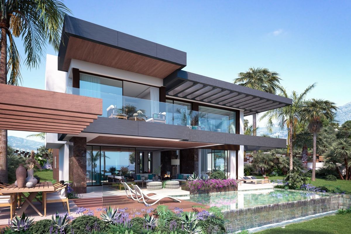 Moderne 5-slaapkamer villa in Marbella met een prachtig tuin- en zwembadgebied, met eigentijdse architectuur.