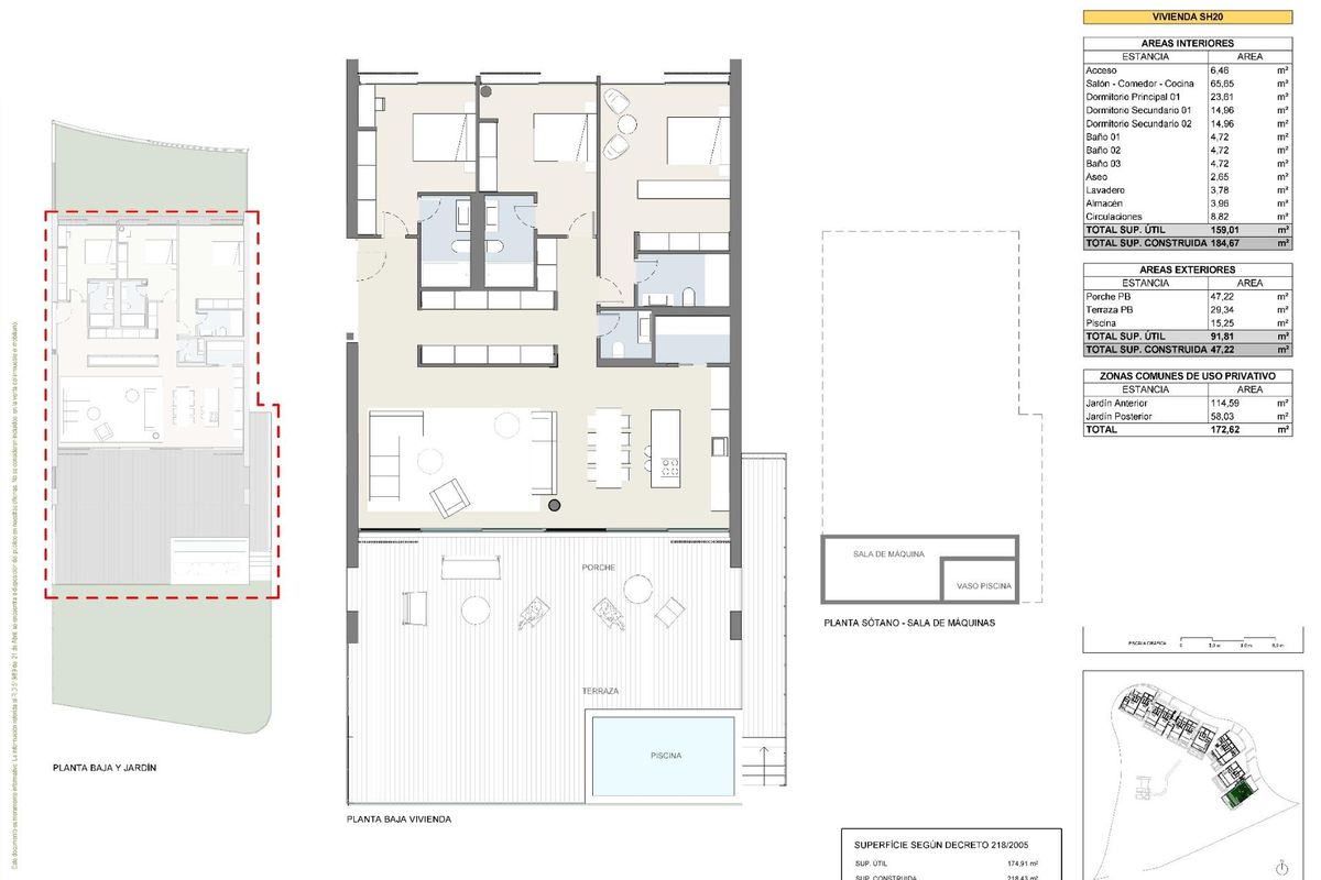 Gedetailleerde plattegrond van een appartement met 3 slaapkamers in Marbella, toont woonruimte en buitenruimtes.