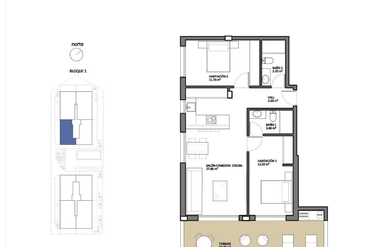 Plattegrond van een 2-slaapkamer appartement in San Juan Alicante, toont indeling en afmetingen van kamers.