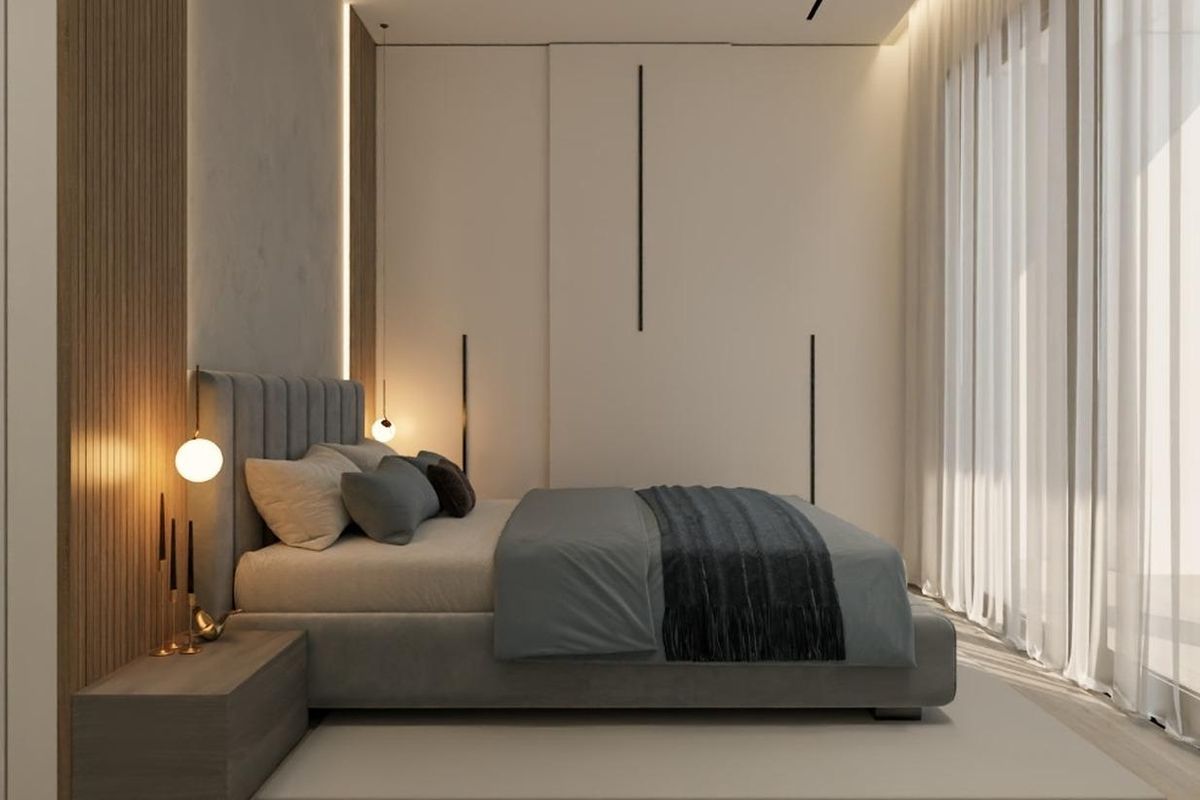 Stijlvolle slaapkamer met moderne inrichting en zachte verlichting in dit appartement met 1 slaapkamer in Torrevieja.