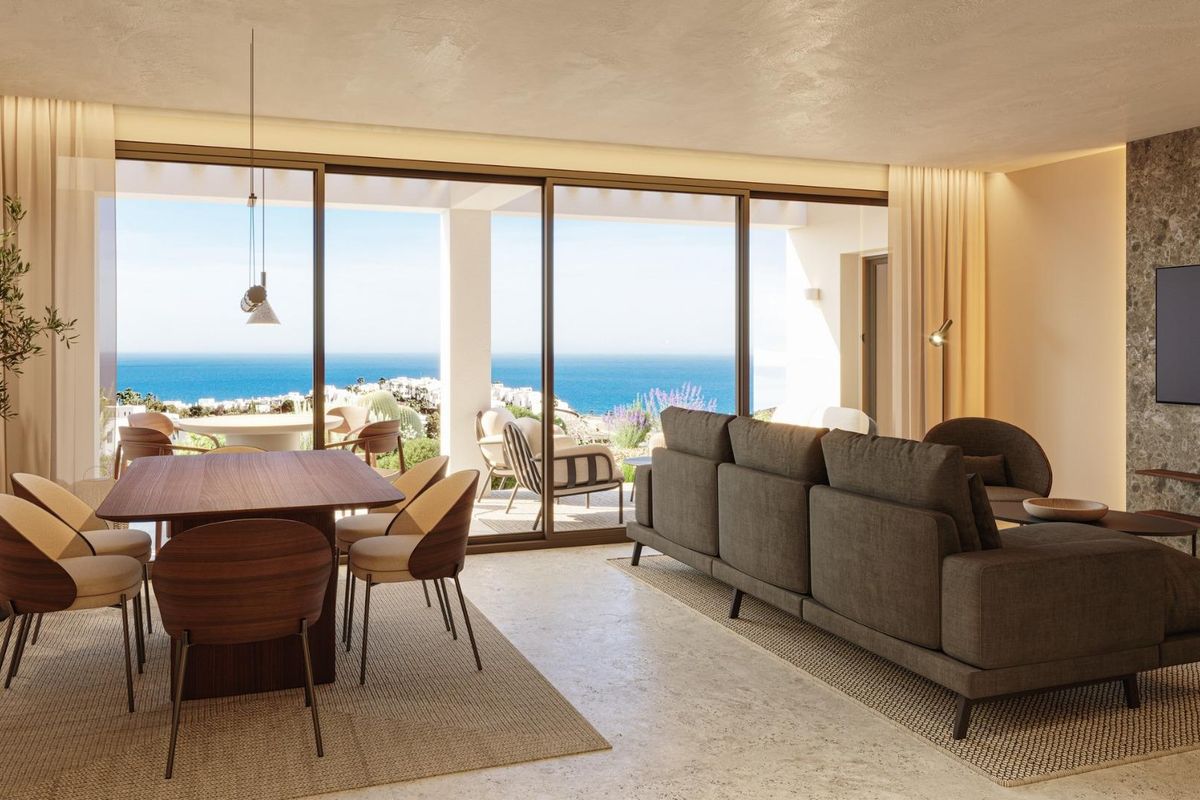 Stijlvolle woonkamer met zeezicht in een moderne penthouse, Mojacar, Costa de Almeria, Spanje.