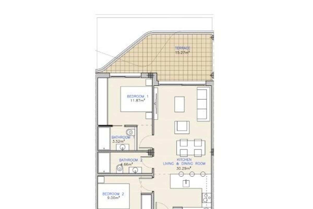 Gedetailleerde plattegrond van een 2-slaapkamer appartement in Los Alcazares, illustrerend kamers zoals keuken, woonkamer en terras.