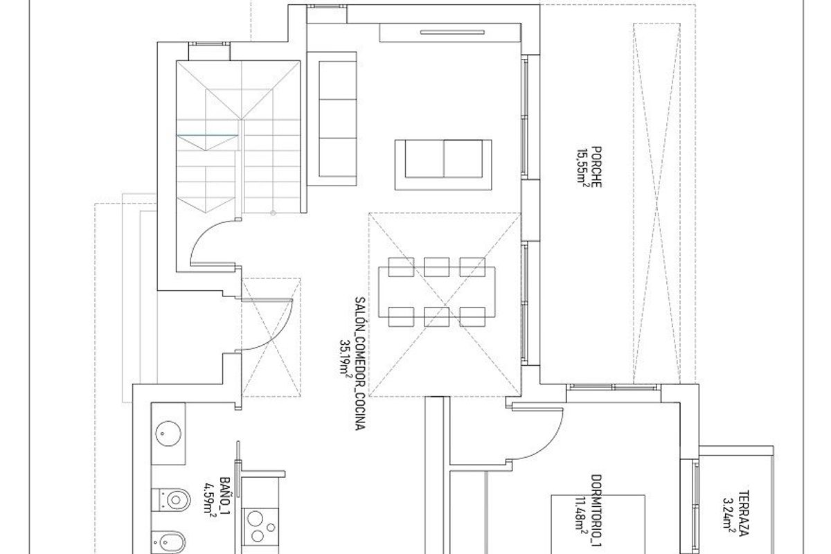 Alternatieve plattegrond van de begane grond van een 3-slaapkamer villa in Torrevieja, met configuraties.