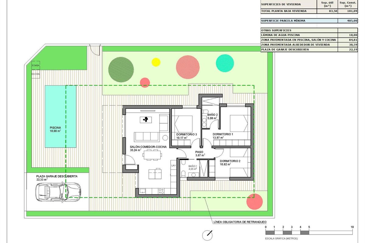 Plattegrond van een moderne 3-slaapkamer villa in Hondón de las Nieves, indeling met woonkamer en keuken.