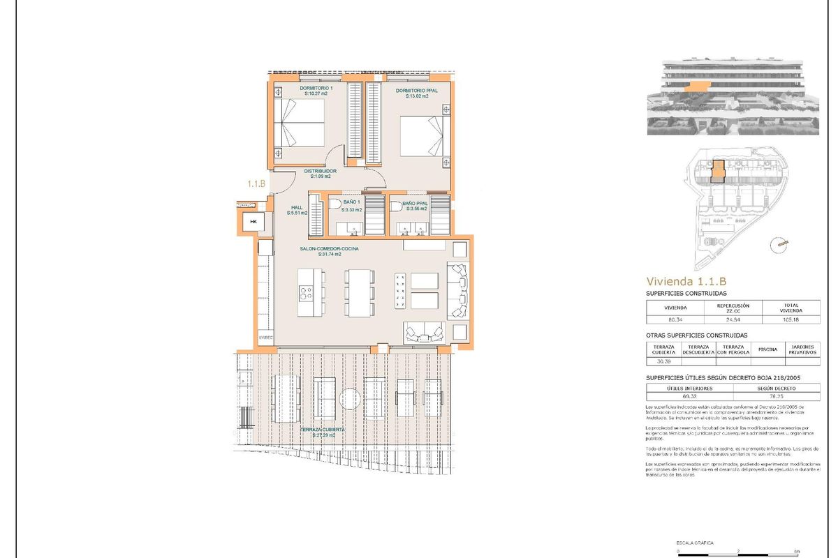 Plattegrond van een appartement met 2 slaapkamers in Mijas, Costa del Sol, met woonruimtes en indeling.