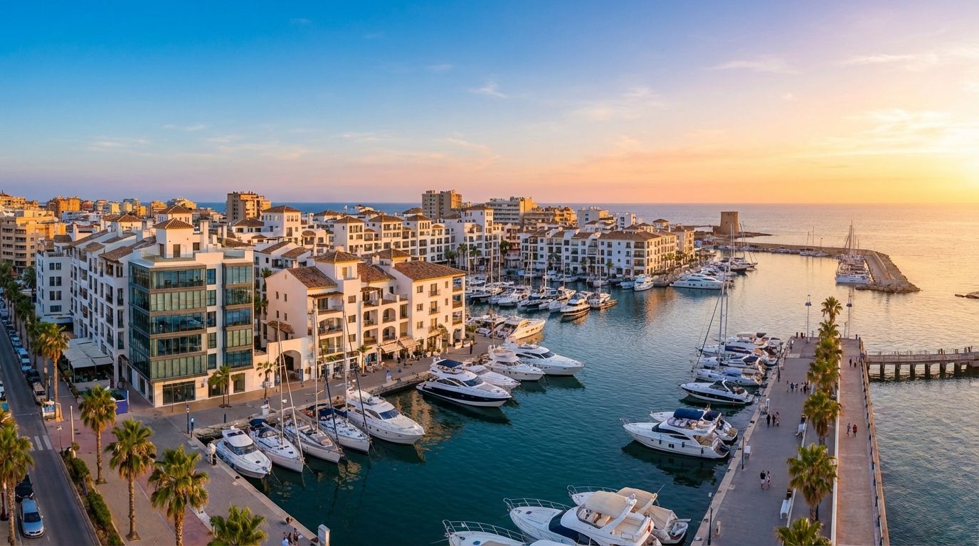 Panoramisch uitzicht op de jachthaven en kustlijn van Torrevieja bij zonsondergang