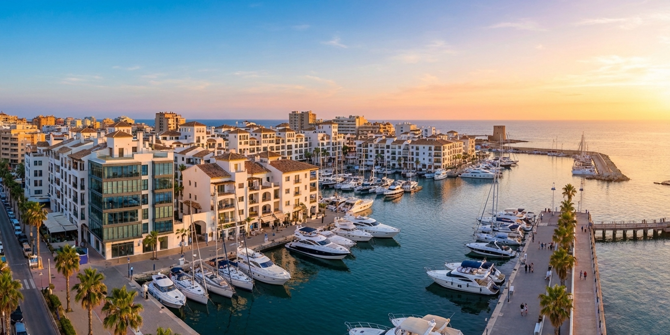 Panoramisch uitzicht op de jachthaven en kustlijn van Torrevieja bij zonsondergang