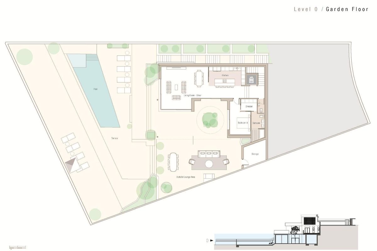 Tuin verdieping plattegrond van luxe 4-slaapkamer villa in San Fulgencio, Costa Blanca Zuid, Spanje.