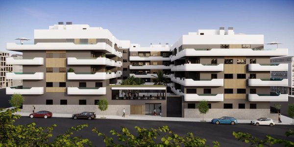 Modern appartementengebouw met 3 slaapkamers in Santa Pola, zonnige Costa Blanca, met balkons en groen.
