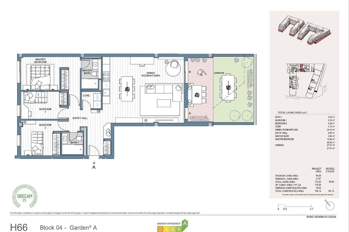 Plattegrond van een 3-slaapkamer appartement in Mijas, Costa del Sol, met details van kamers en ruimtes.