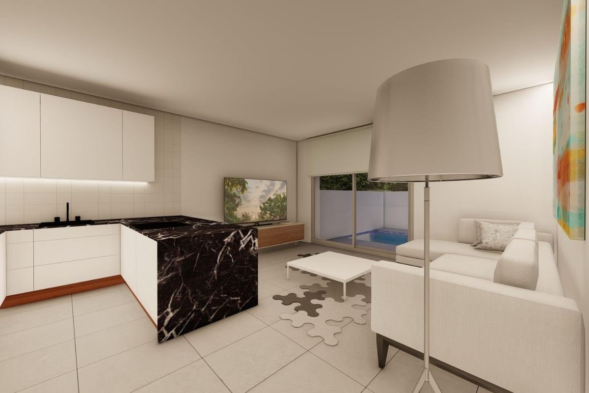 Moderne keuken en woonruimte in de villa, met stijlvolle meubels en uitzicht op het zwembad in Daya Nueva, Spanje.