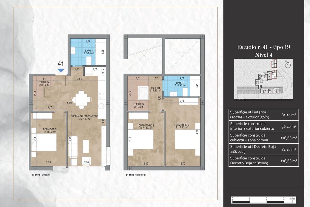 Plattegrond van een 3-slaapkamer appartement in Monachil, Costa de Almeria, met indelingen en afmetingen.