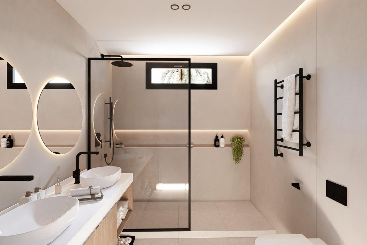 Elegante badkamer in een 3-slaapkamer villa, met dubbele wastafels en moderne accessoires in Baños y Mendigo.