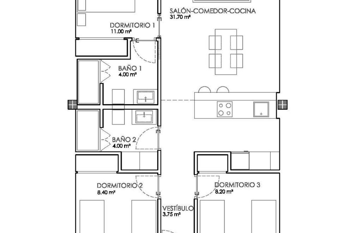 Plattegrond van een 3-slaapkamer appartement op de begane grond in Bigastro, Costa Blanca Zuid, met een ruime woonkamer.