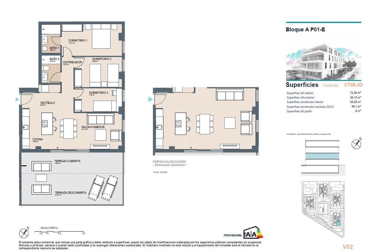 Floor plan of a 3-bedroom apartment in Benicassim, Costa Blanca North, showcasing layout and room sizes.