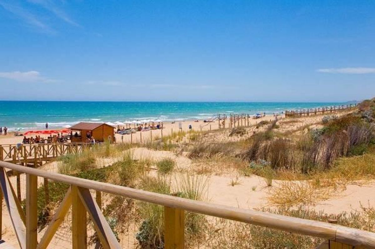 Prachtig strandbeeld in Costa Blanca Zuid met ligstoelen en een blauwe lucht. Perfect voor ontspanning.