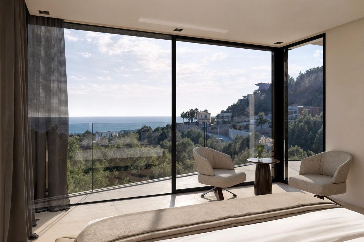 Elegant slaapkamer in de 4-slaapkamer villa in Benissa, met panoramisch uitzicht op zee vanuit grote glazen deuren.