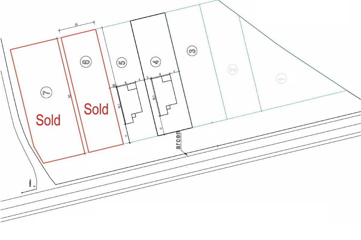 Perceelplan met verkochte en beschikbare kavels voor toekomstige bouw, gelegen nabij Moratalla, Spanje.