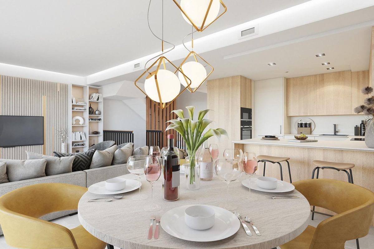 Stijlvolle eetsetting met wijn en uitzicht in een moderne keuken van een 3-slaapkamer Townhouse in Mijas, Costa del Sol.