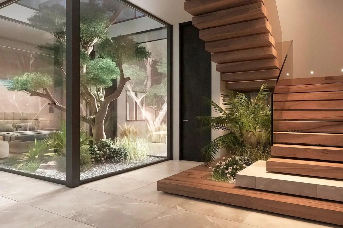 Elegante entree met houten trap en tuinzicht in een hedendaagse 6-slaapkamer villa in Benahavís.