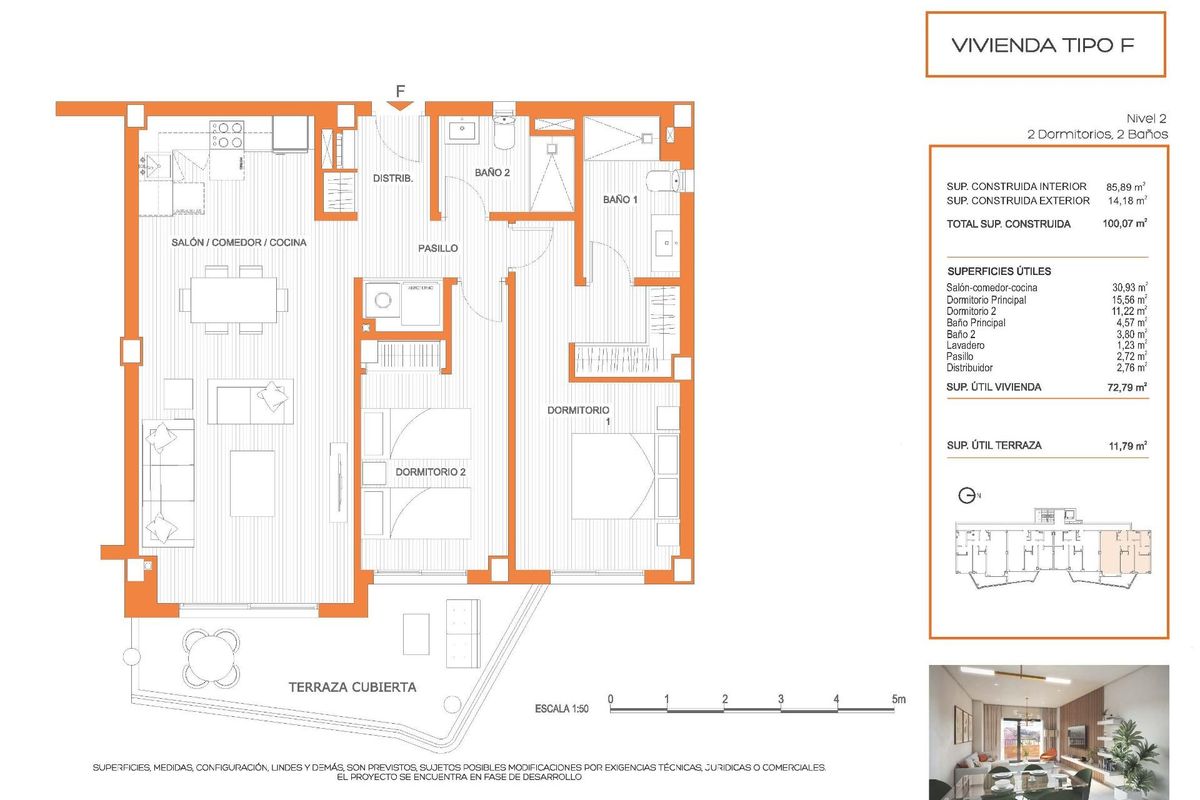 Vloerplan van een 2-slaapkamer penthouse met indeling en voorzieningen, gelegen in Fuengirola, Costa del Sol.