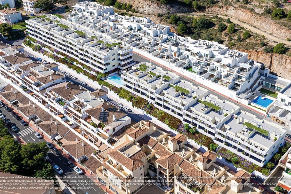 Luchtfoto van een wooncomplex in Benalmádena, Costa del Sol, met zicht op indeling en nabijgelegen voorzieningen.