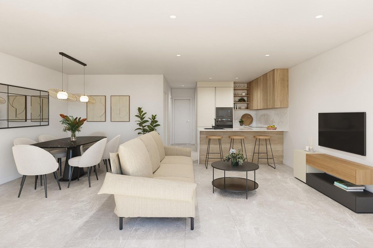 Stijlvol interieur van een bungalow met 3 slaapkamers met woonkamer en eetruimte in Pilar de La Horadada.