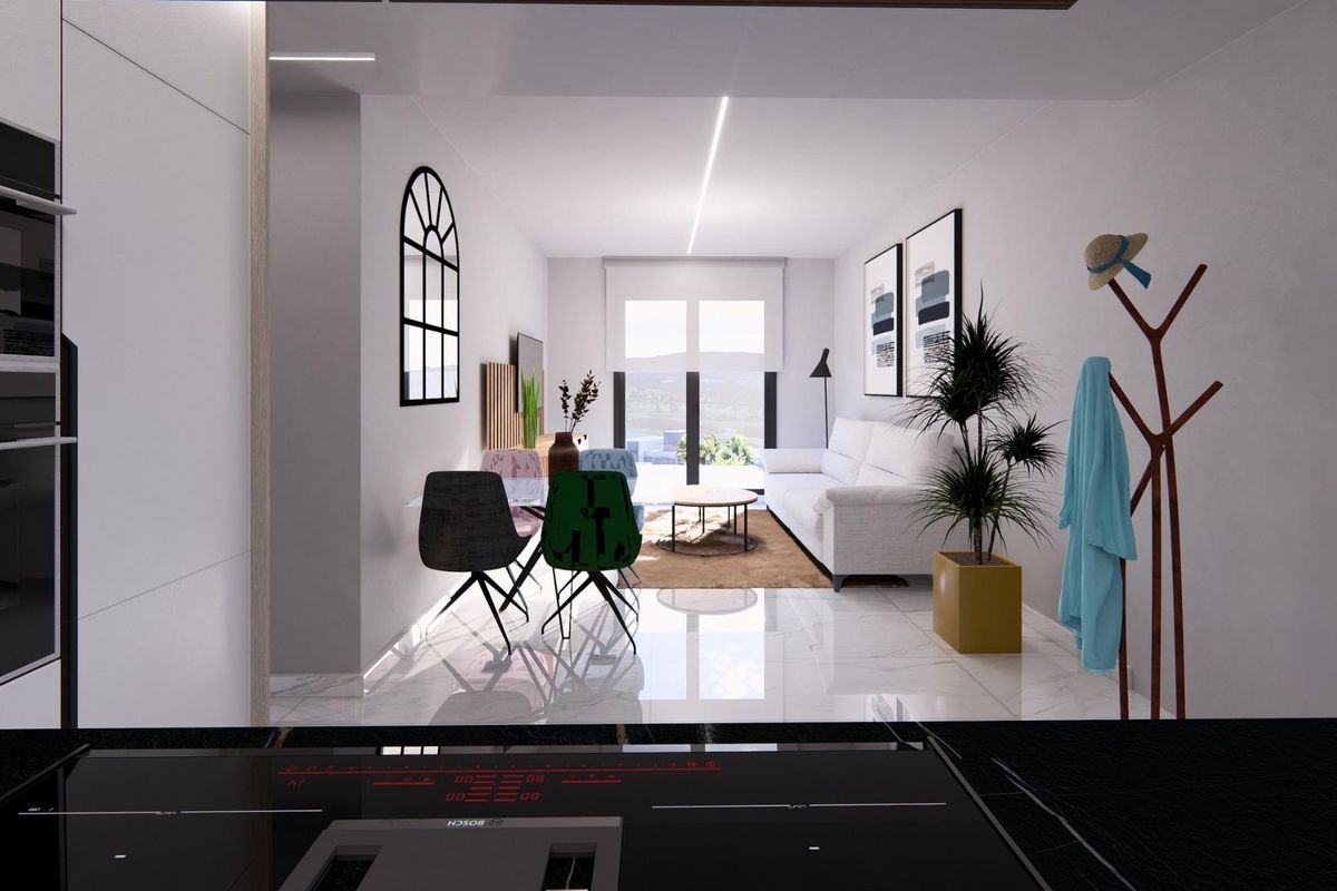 Stijlvolle woonkamer met modern meubilair en natuurlijk licht, gelegen in Algorfa, Costa Blanca Zuid.