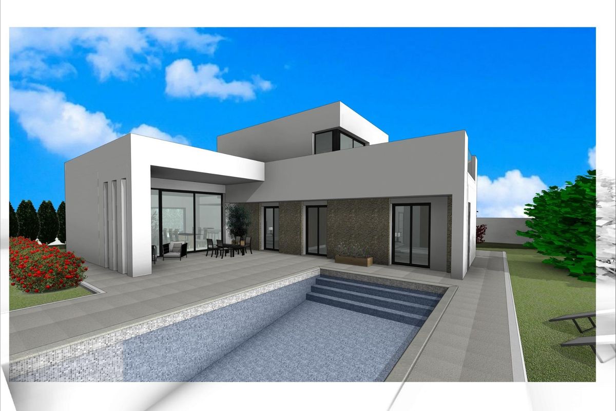 3D-rendering van de villa met een ruim terras en zwembad in Aspe, Costa Blanca Zuid.