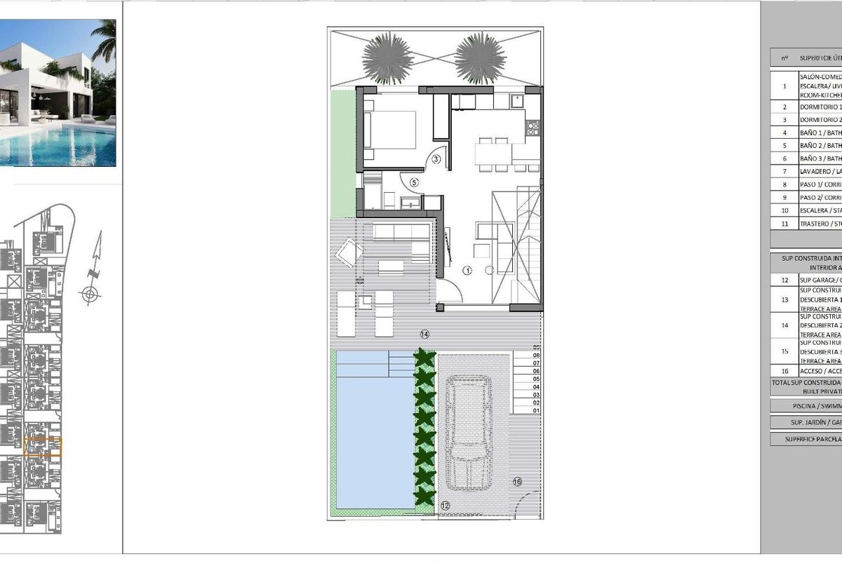 Plattegrond van een 3-slaapkamer townhouse in Finestrat, Costa Blanca, met ruime woon- en buitenruimtes.