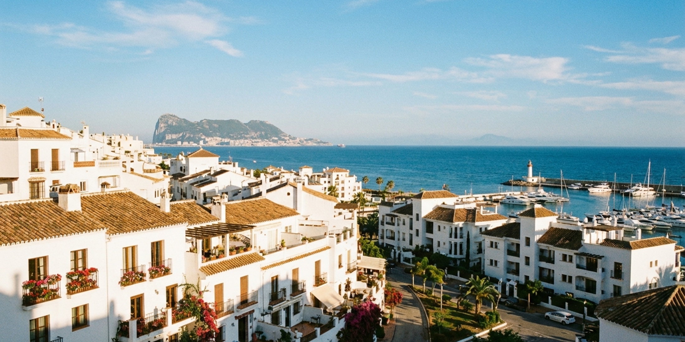 Panoramisch uitzicht op de witgekalkte oude stad van Estepona en de Middellandse Zee