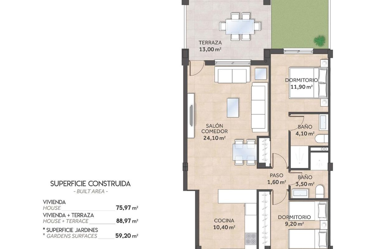Plattegrond van een 2-slaapkamer appartement op de begane grond in San Miguel de Salinas, met indeling en kamerafmetingen.