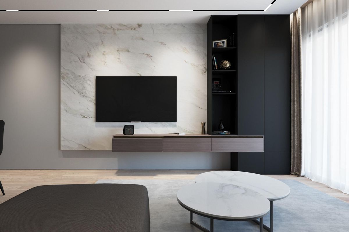 Elegante woonkamer met minimalistisch ontwerp en hoogwaardige voorzieningen in een appartement in Torrevieja.